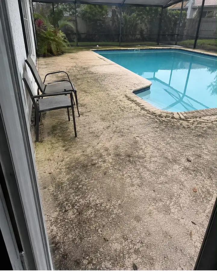 A screened pool deck heavily stained with green and black algae.